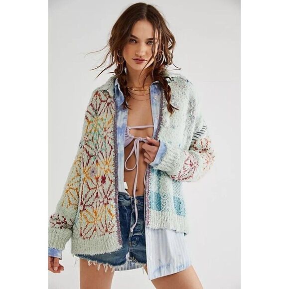NWT FREE PEOPLE Sz S PRAIRIE CARDI EMBROIDERED CARDIGAN SWEATER BLUE COMBO - Picture 1 of 2